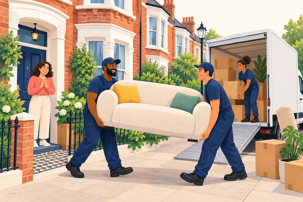 Illustration of movers helping with a carefully planned London house move